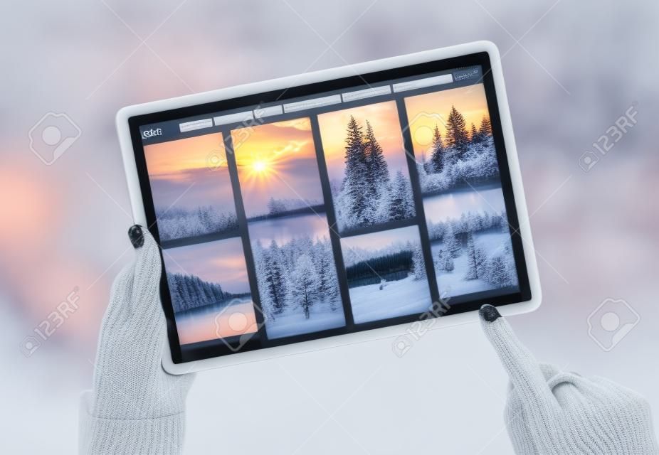Vrouw met behulp van tablet en bladeren prachtige winter fotografie online