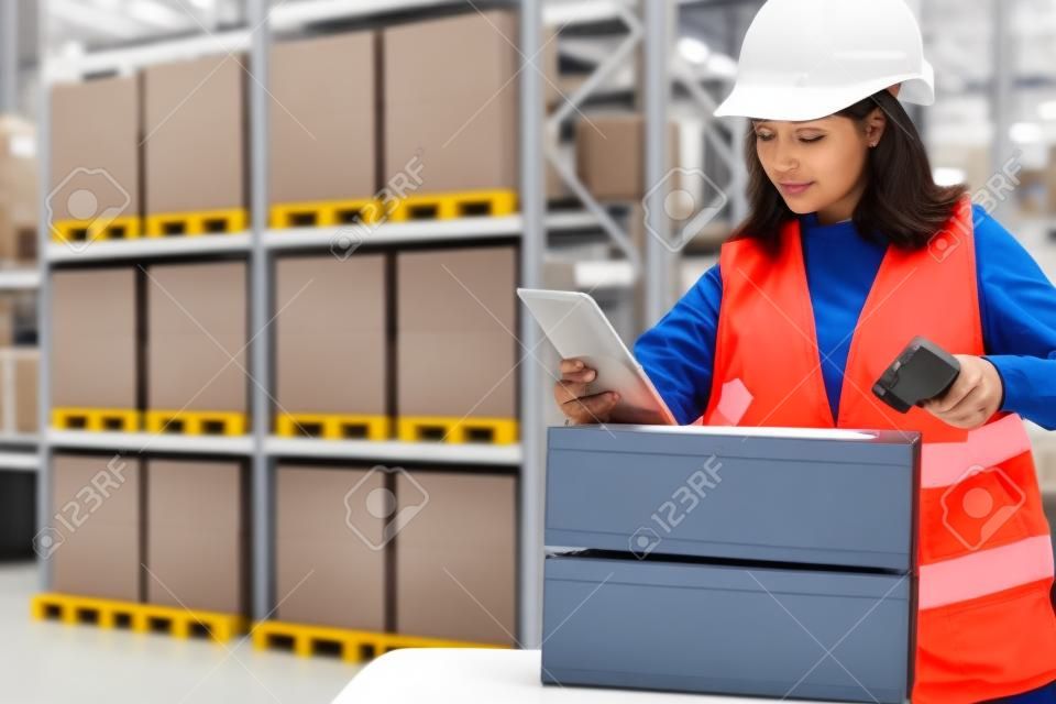 Customs registration. Girl with a scanner in the warehouse. Woman works on customs. Woman uses a barcode scanner. Passage of goods across the border. Customs officer registers postal items.