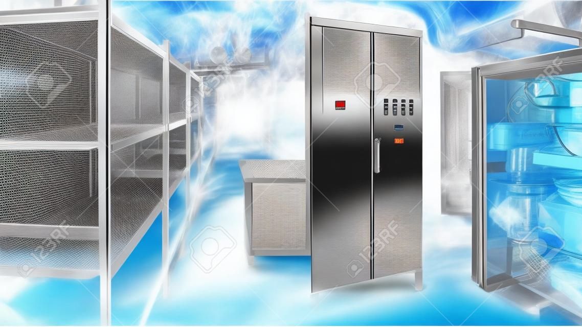 Refrigeration chamber for food storage. Empty freezer. Industrial refrigerator. Freezer with metal shelving. Shield for controlling the freezer. Cabinet for cold management. Engine in the fridge