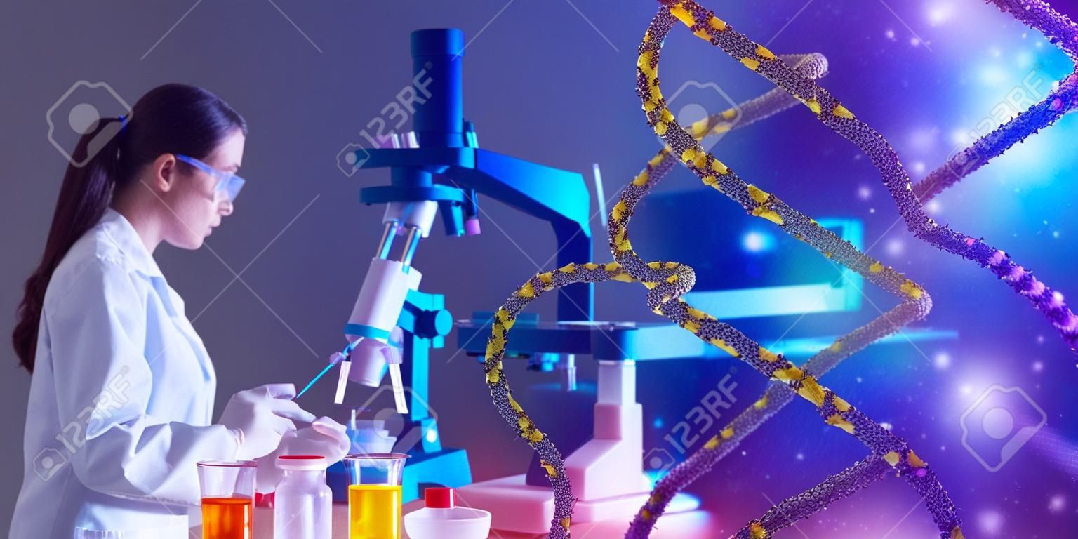 Laboratory assistant doing genetics test. Geneticist next to microscope. Man is doing DNA test. Genetics test services. Man in medical laboratory. Human DNA research. Scientist makes genetic sequence