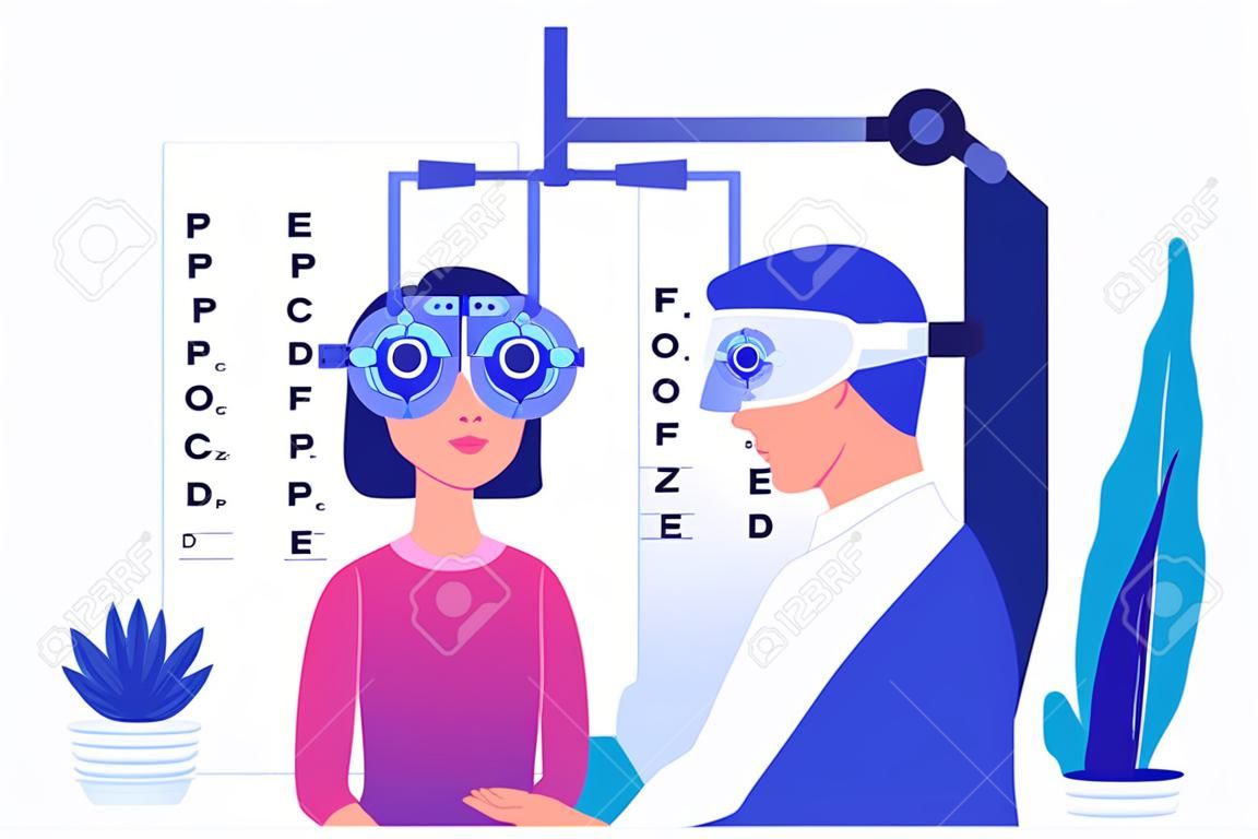 Modèle de tests médicaux - tests oculaires et lunettes de prescription - illustration numérique de concept vectoriel plat moderne de la procédure de test oculaire - une patiente et un médecin avec phoropter, bureau ophtalmologique
