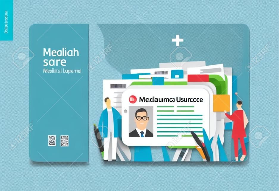 Modelo de seguro médico - cartão de identificação médica, cartão de saúde - ilustração digital moderna de conceito de vetor plano - um cartão de identificação de plástico como metáfora de arquivo de registros médicos