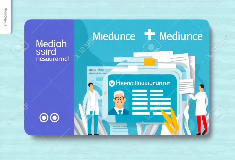Modelo de seguro médico - cartão de identificação médica, cartão de saúde - ilustração digital moderna de conceito de vetor plano - um cartão de identificação de plástico como metáfora de arquivo de registros médicos