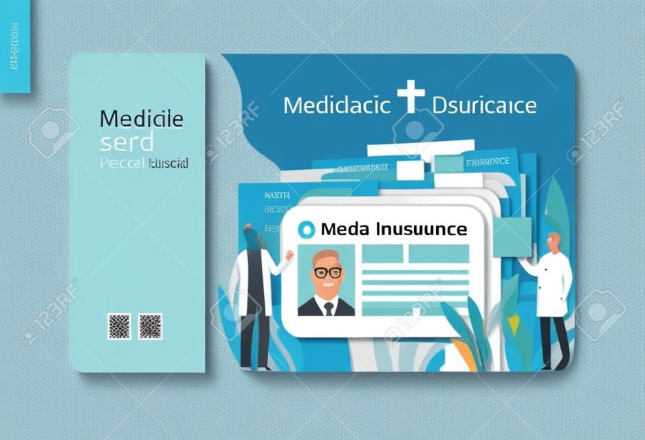 Modèle d'assurance médicale - carte d'identité médicale, carte de santé - illustration numérique de concept vectoriel plat moderne - une carte d'identité en plastique comme métaphore de fichier de dossiers médicaux