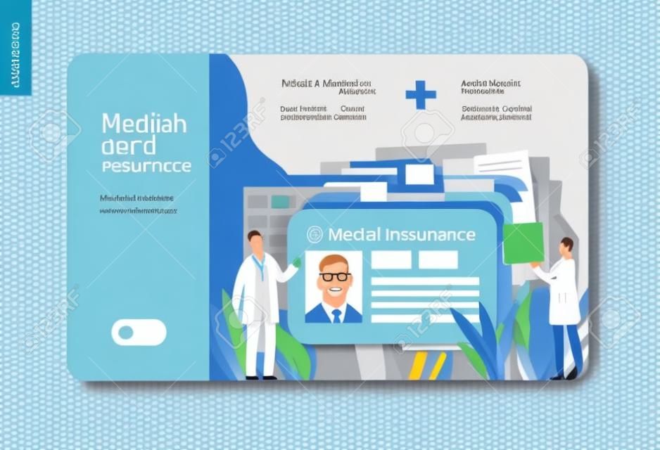 Szablon ubezpieczenia medycznego - medyczna karta identyfikacyjna, karta zdrowia - nowoczesna płaska koncepcja wektora cyfrowa ilustracja - plastikowa karta identyfikacyjna jako metafora pliku dokumentacji medycznej