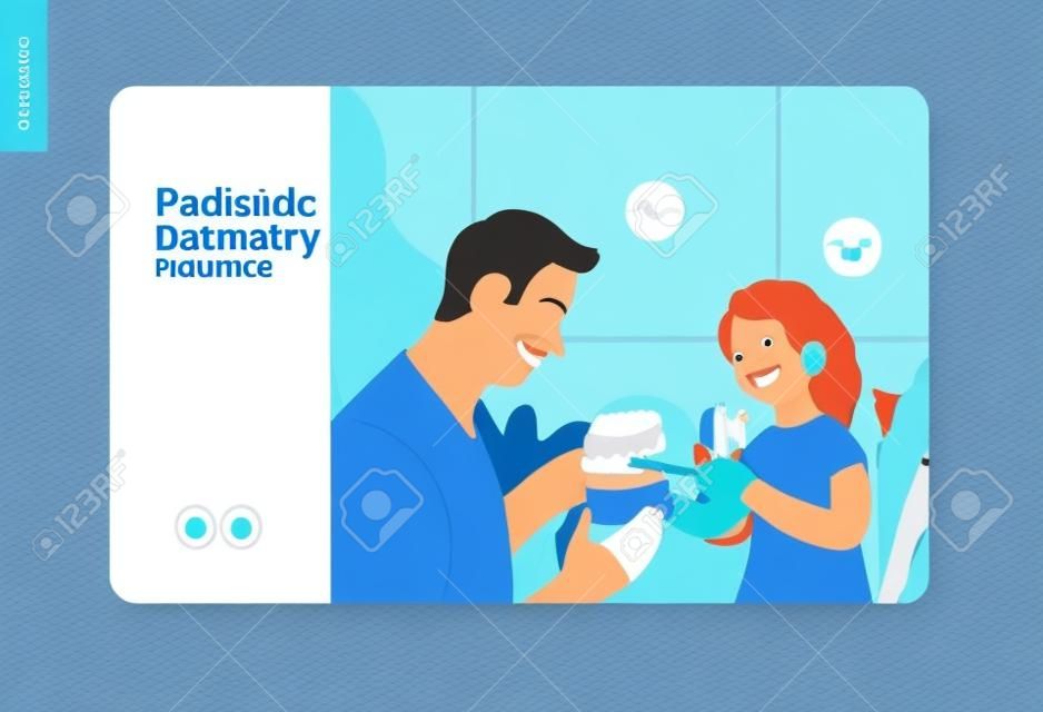 Pediatric dentistry -medical insurance web template -modern flat vector concept digital illustration -a dantist teaching a child patient to brush teeth jaw model, the dental office or laboratory
