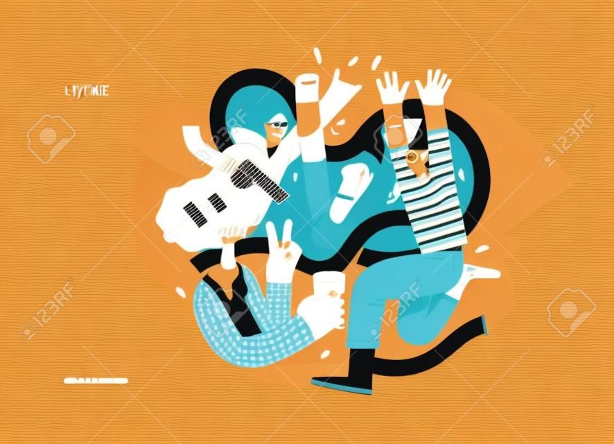 Lifestyle series - Festival - modern flat vector illustration of a man and a woman taking part in the rock musical festival. People activities concept