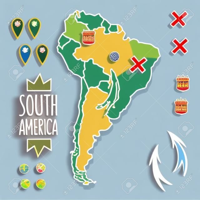 Cartoon stijl hand getrokken reiskaart van Zuid-Amerika met pinnen vector illustratie.