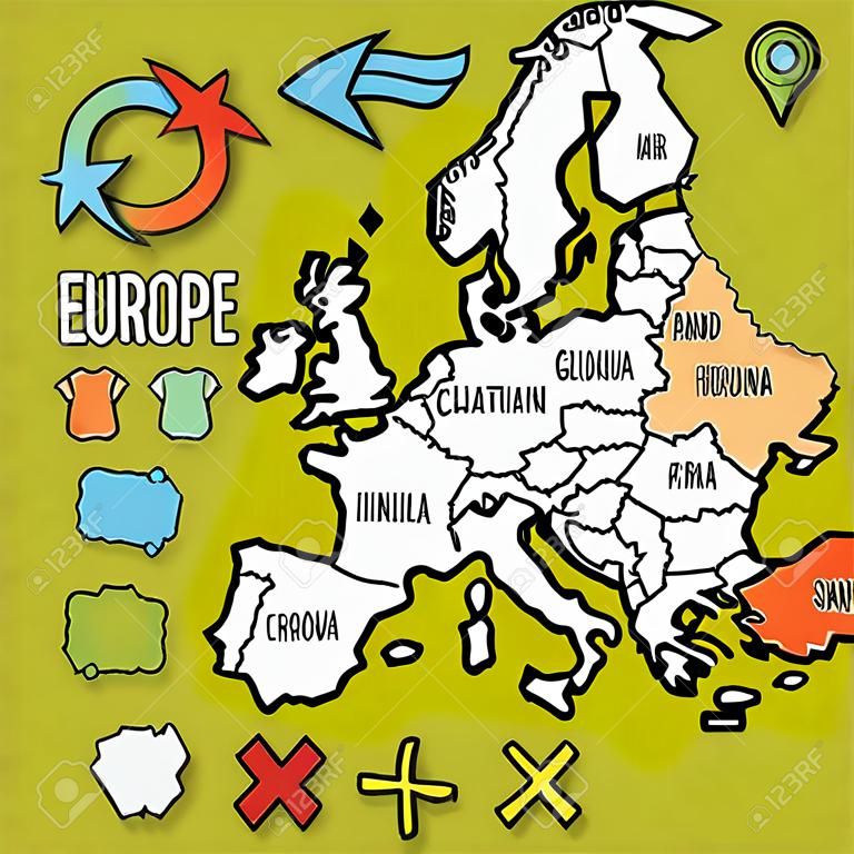 Cartoon styl rysowane ręcznie mapa Europy z podróży ilustracji wektorowych szpilki