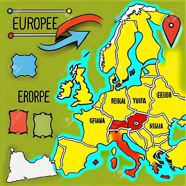 Estilo de dibujos animados mano mapa de la hilada de Europa con la ilustración vectorial pines