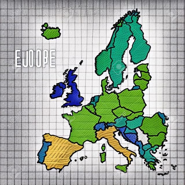 ペンを持つ手が紙図のヨーロッパ地図ベクトルを描画