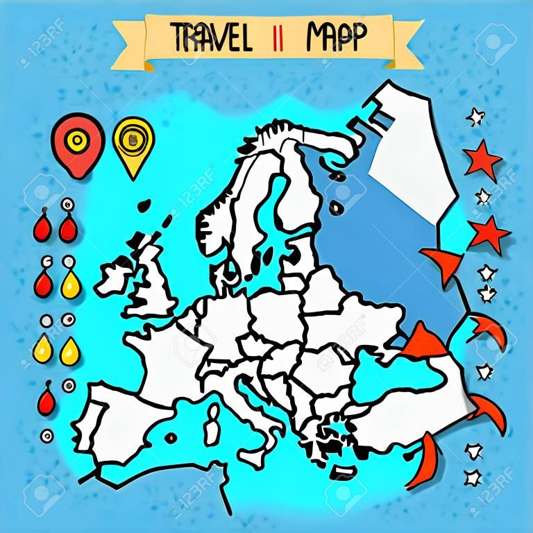 Cartoon styl rysowane ręcznie mapa Europy z podróży ilustracji wektorowych szpilki