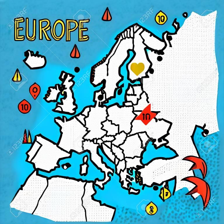 Cartoon style hand drawn travel map of Europe with pins vector  illustration