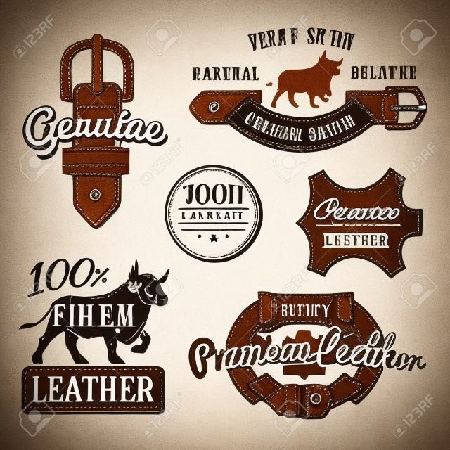 Set van vector vintage lederen riem logo ontwerpen, retro kwaliteit labels. echte lederen illustratie
