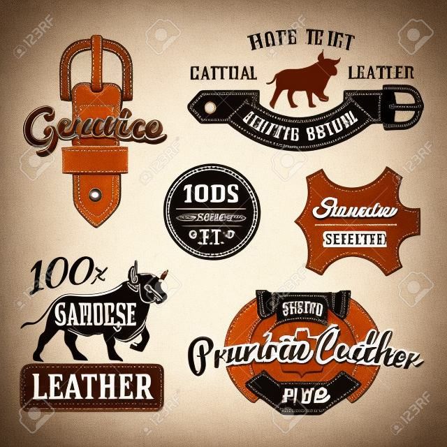 Ensemble de Vector vintage logo modèles de ceintures en cuir, des labels de qualité rétro. véritable illustration de cuir
