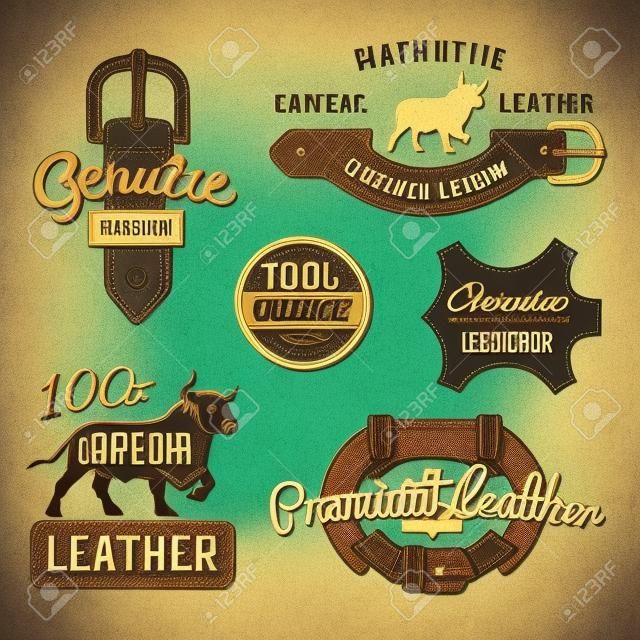 Set of vector vintage leather belt logo designs, retro quality labels. genuine leather illustration