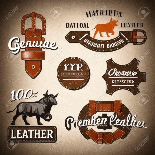 Set van vector vintage lederen riem logo ontwerpen, retro kwaliteit labels. echte lederen illustratie