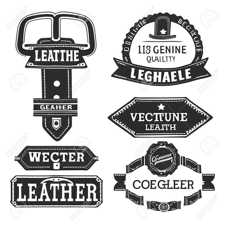 Набор векторных старинных дизайн логотипа кожаный пояс, ретро качества этикетки. натуральная кожа иллюстрации