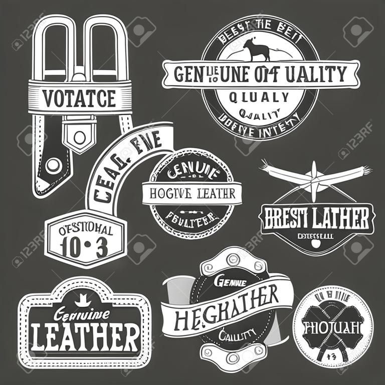 Set of vector vintage leather belt logo designs, retro quality labels. genuine leather illustration