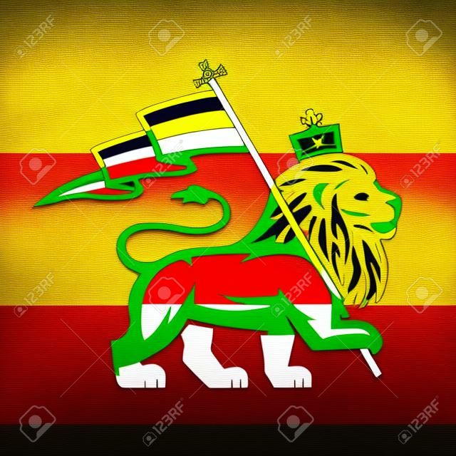 Giuda leone con una bandiera rastafari. Re di Sion logo illustrazione. Disegno vettore musica Reggae.