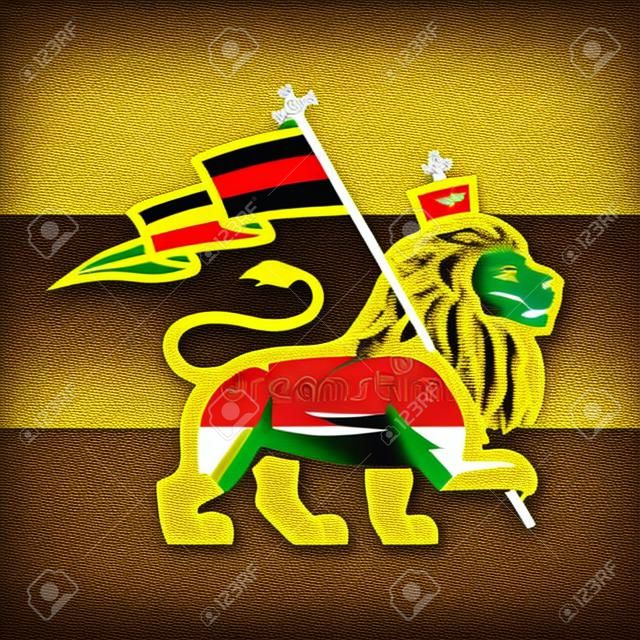 Giuda leone con una bandiera rastafari. Re di Sion logo illustrazione. Disegno vettore musica Reggae.