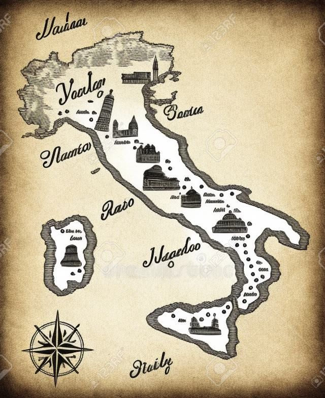イタリアの地図にオールドスクール スタイル ビンテージ レトロ デザイン刻まれたベクトル イラスト スケッチ