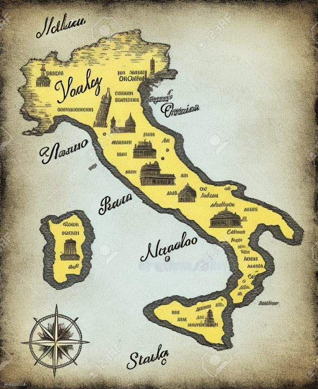 意大利地图老式老式复古设计雕刻矢量插图素描