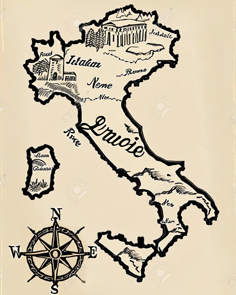 意大利地图老式老式复古设计雕刻矢量插图素描