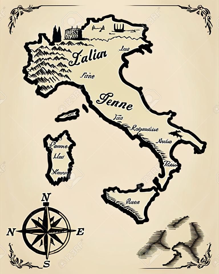 意大利地圖的老派風格的老式復古設計刻矢量插圖草圖