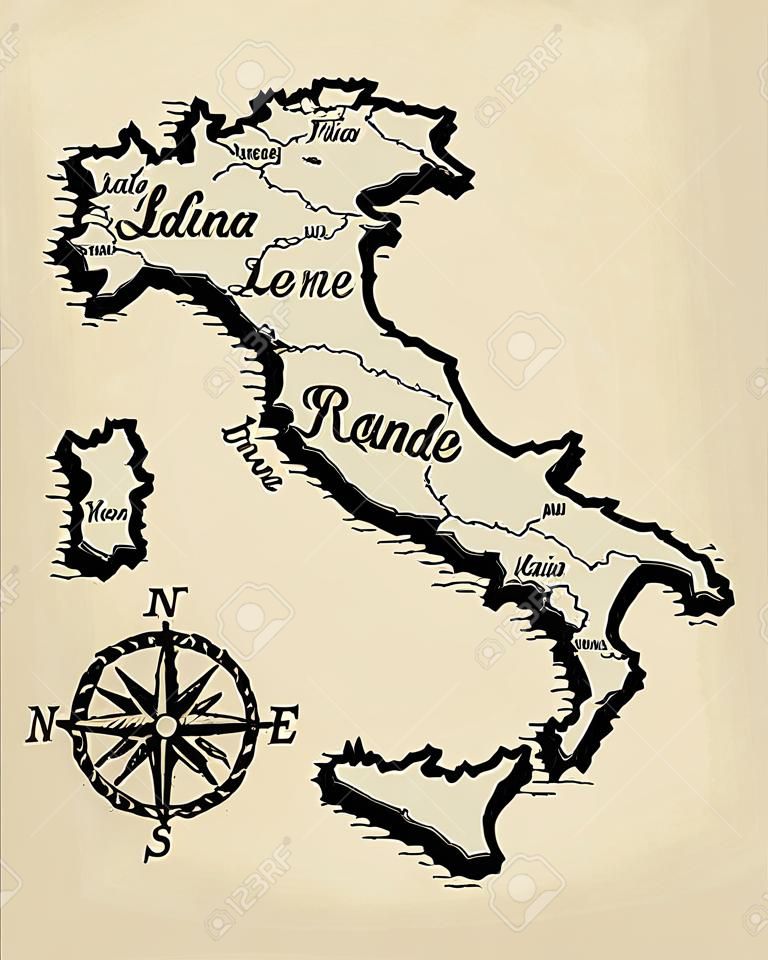 イタリアの地図にオールドスクール スタイル ビンテージ レトロ デザイン刻まれたベクトル イラスト スケッチ