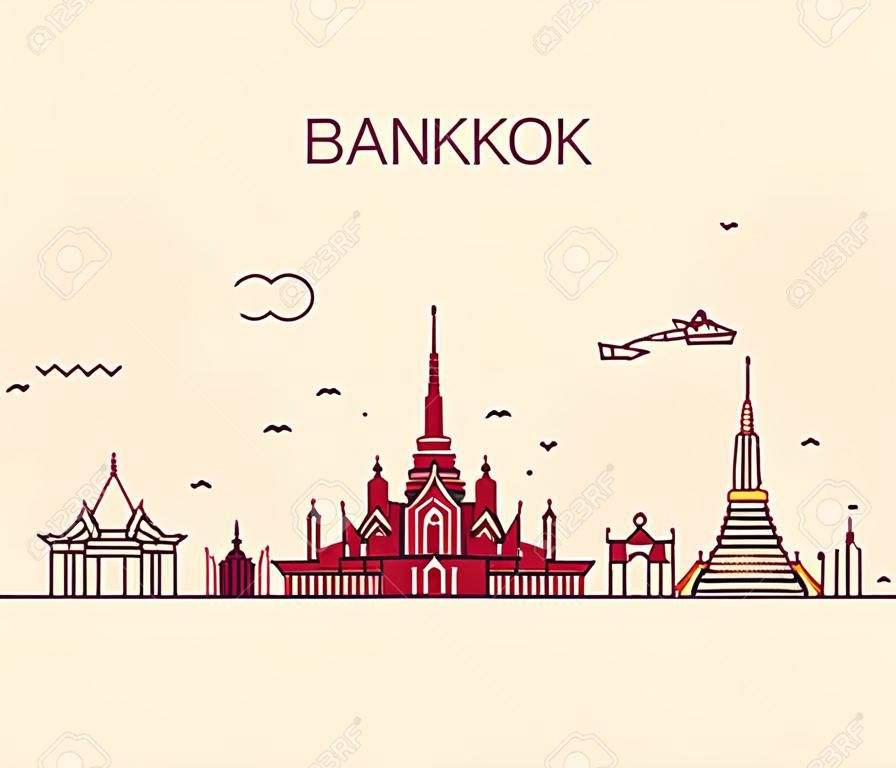 Bangkok skyline Szczegółowa sylwetka ilustracji wektorowych Trendy styl liniowy