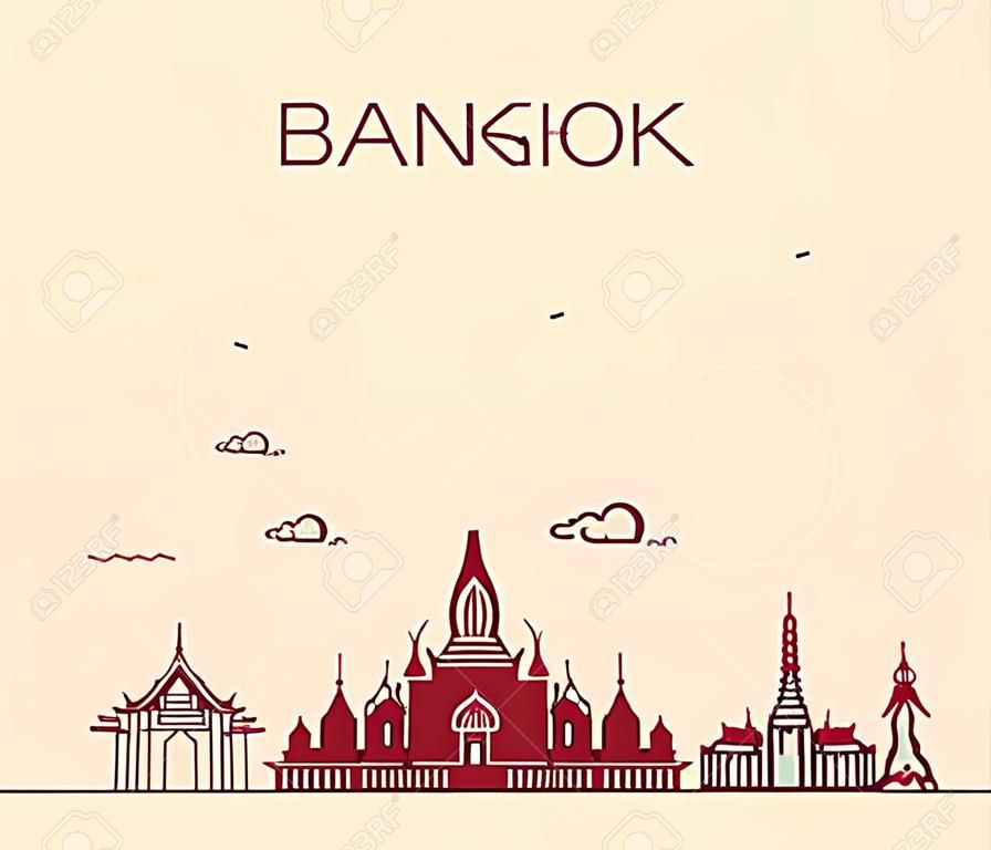 Skyline de Bangkok silhueta detalhada na moda ilustração vetorial estilo linear