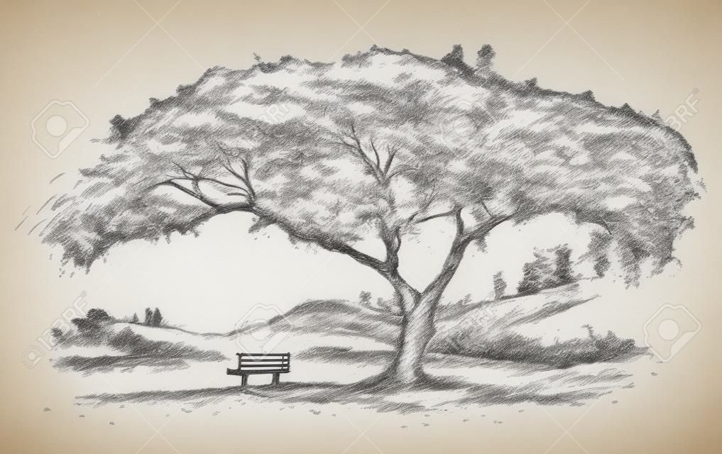 Schöne romantische Abbildung Baum mit Bank Hand gezeichnete Skizze