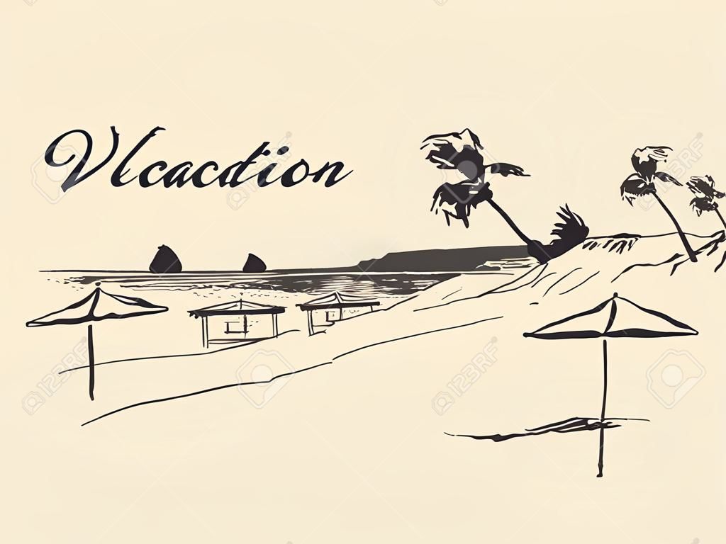 Gyönyörű, kézzel rajzolt nyaralás poszter tengerparti kilátással és strand vektoros illusztráció vázlat