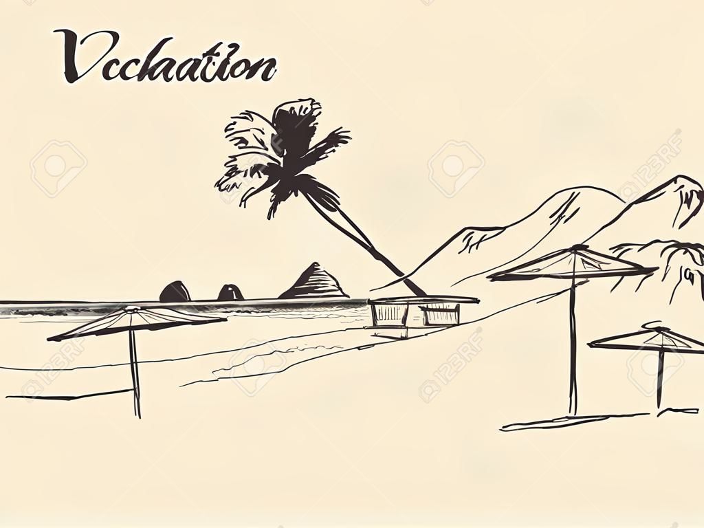 Gyönyörű, kézzel rajzolt nyaralás poszter tengerparti kilátással és strand vektoros illusztráció vázlat