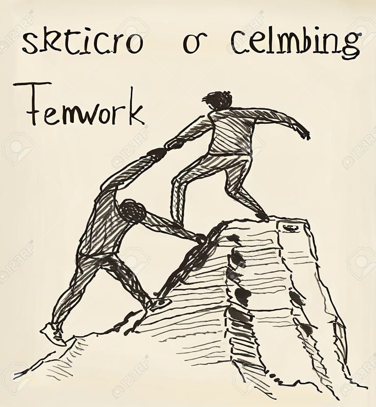 El başka bir adam tırmanış, kroki yardımcı bir adamın çizime çizilmiş. Takım çalışması, ortaklık kavramı.