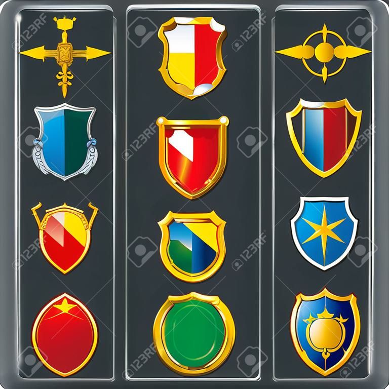 Set van verschillende kleur en vorm om het vectorschild van wapens emblemen clans te creëren.