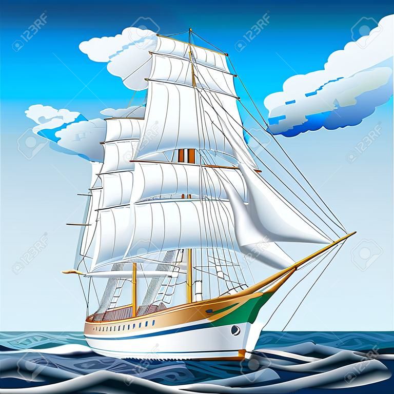 Tall ship sailing on blue waters. Vector.