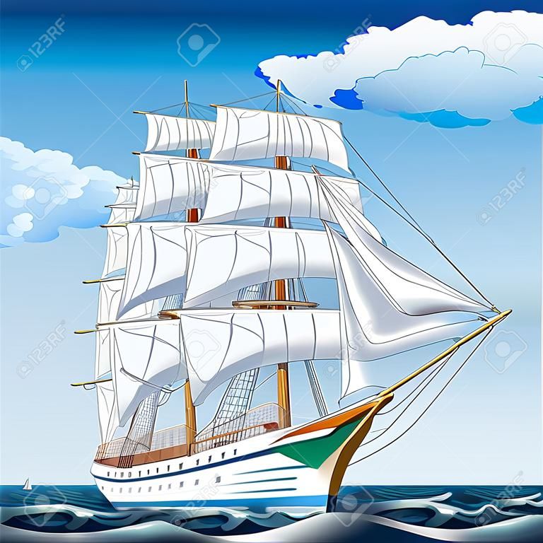 Tall ship sailing on blue waters. Vector.