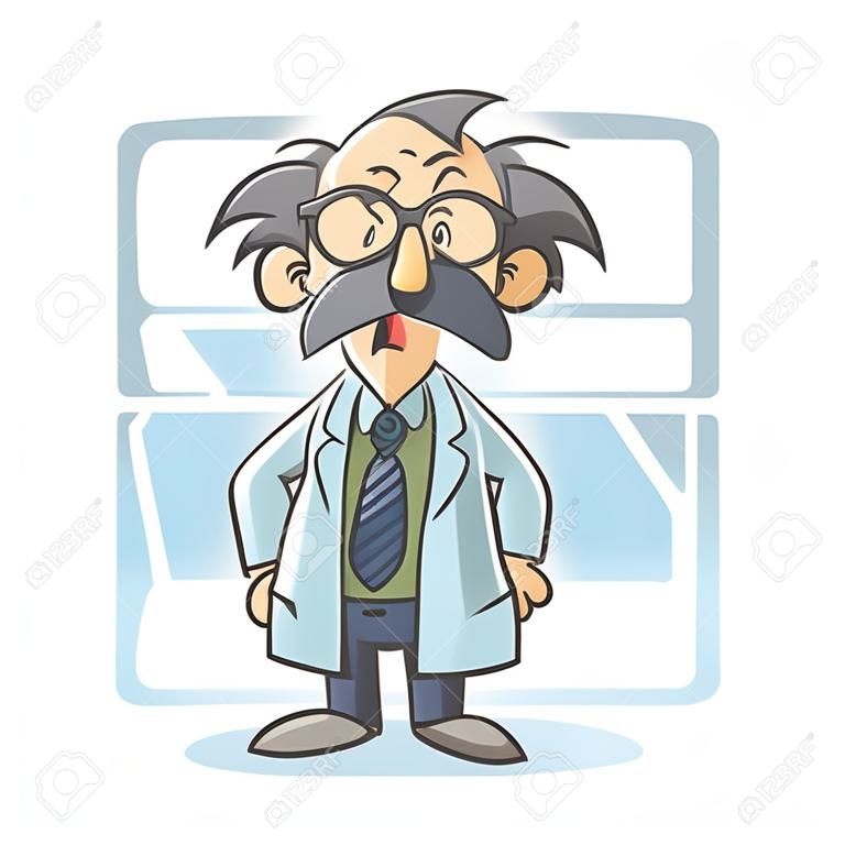 Cartoon scientist professor. A funny emotional character. Vector on a white background