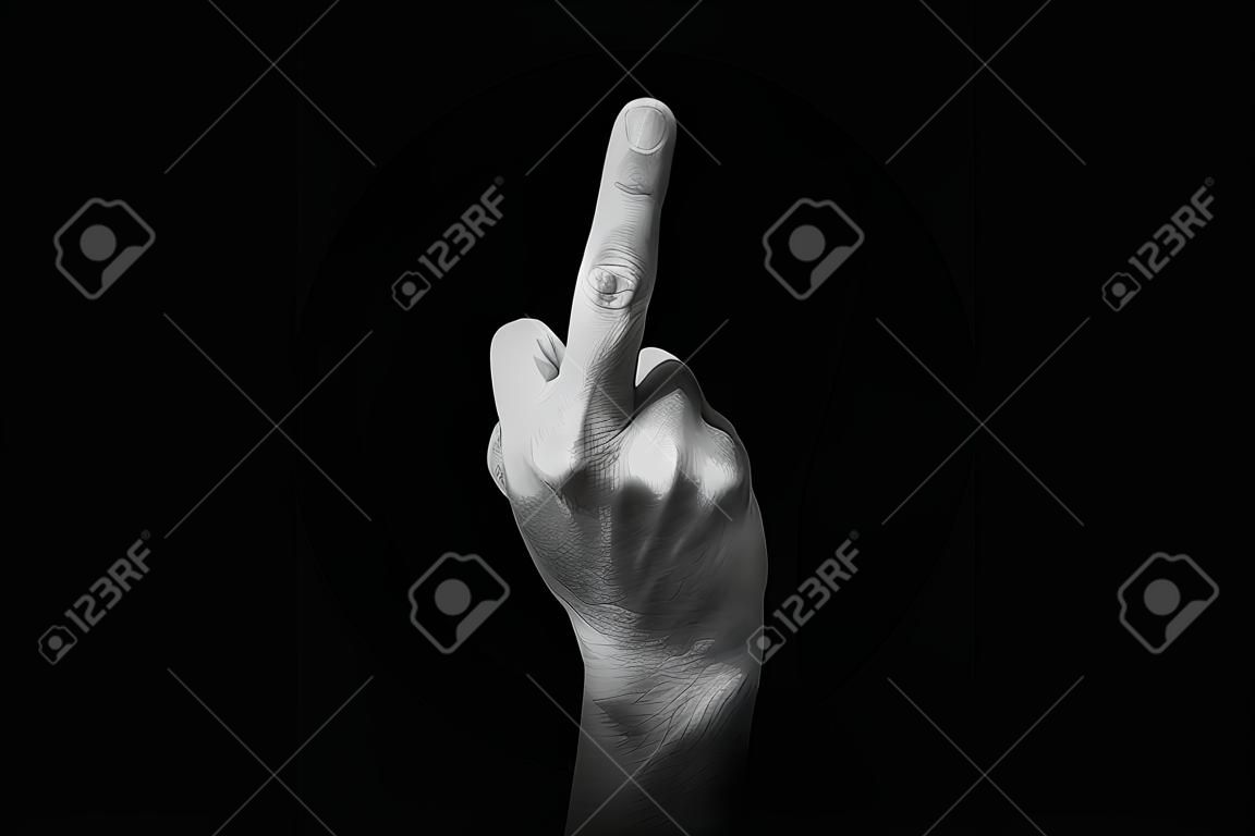Dramatic black and white image of Middle Finger emoji isolated on black background
