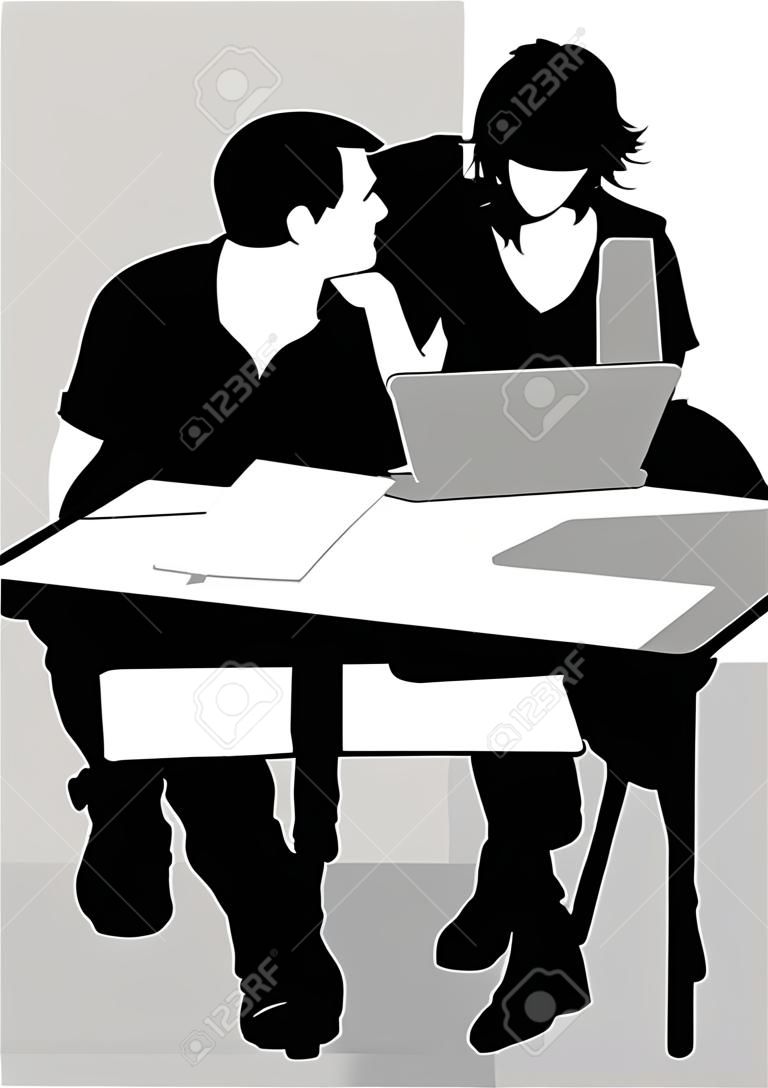 Vector drawing of a couple at a table in the office