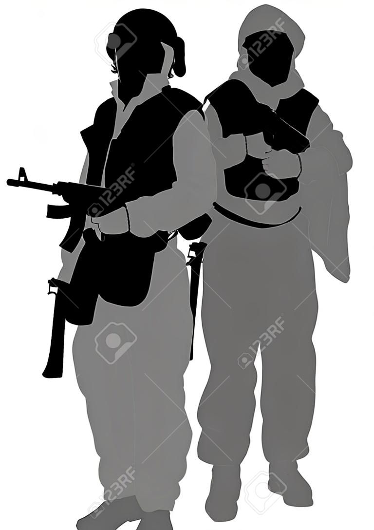 soldados árabes con armas de fuego sobre un fondo blanco