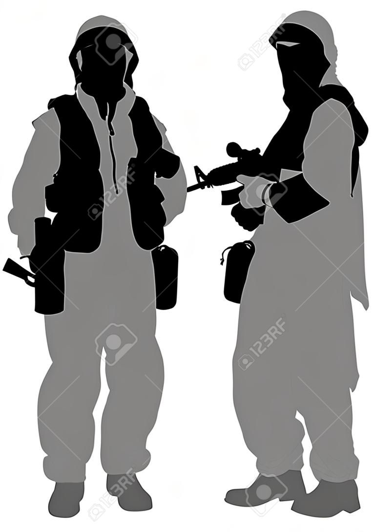 soldados árabes con armas de fuego sobre un fondo blanco
