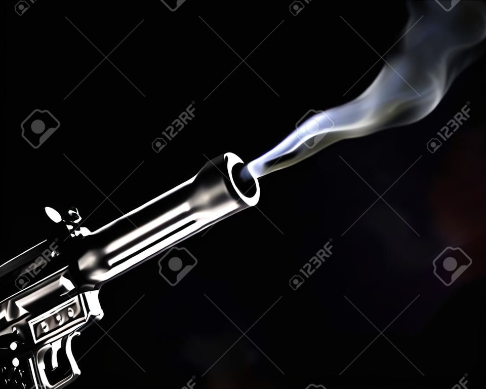 assault rifle that has smoke coming out of its barrel