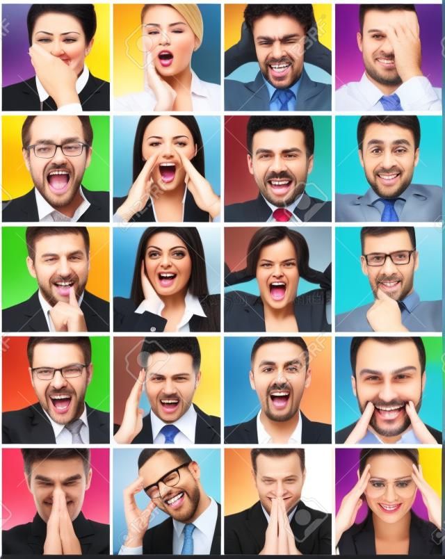 Business emotions. Collage of diverse multi-ethnic business people expressing different emotions