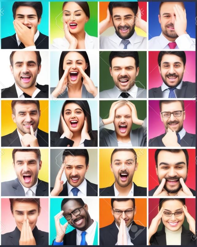 Business emotions. Collage of diverse multi-ethnic business people expressing different emotions