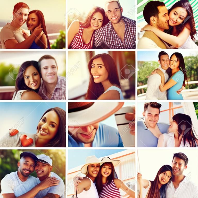 Loving couples. Collage of diverse multi-ethnic loving couples expressing positivity