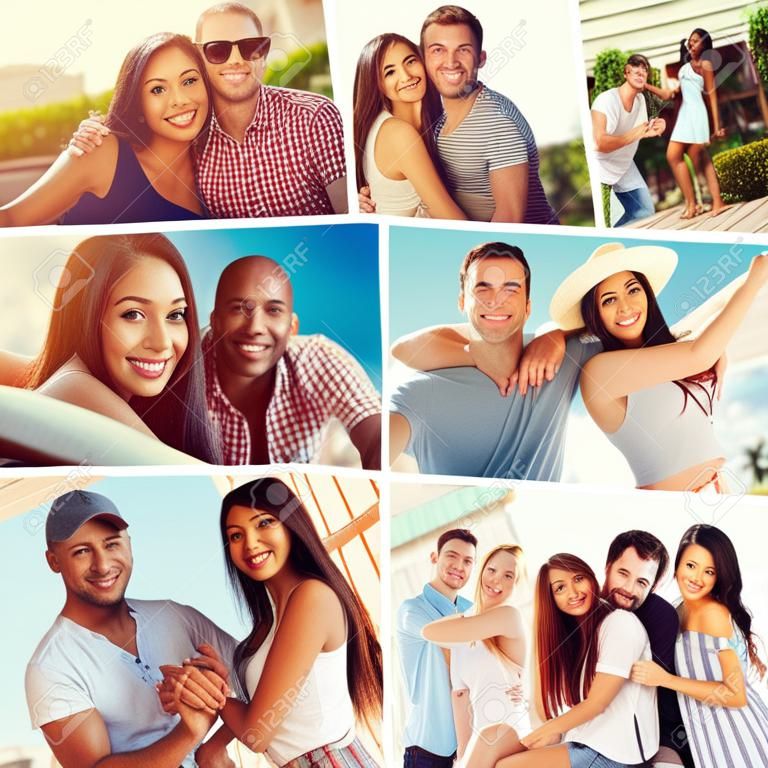 Loving couples. Collage of diverse multi-ethnic loving couples expressing positivity