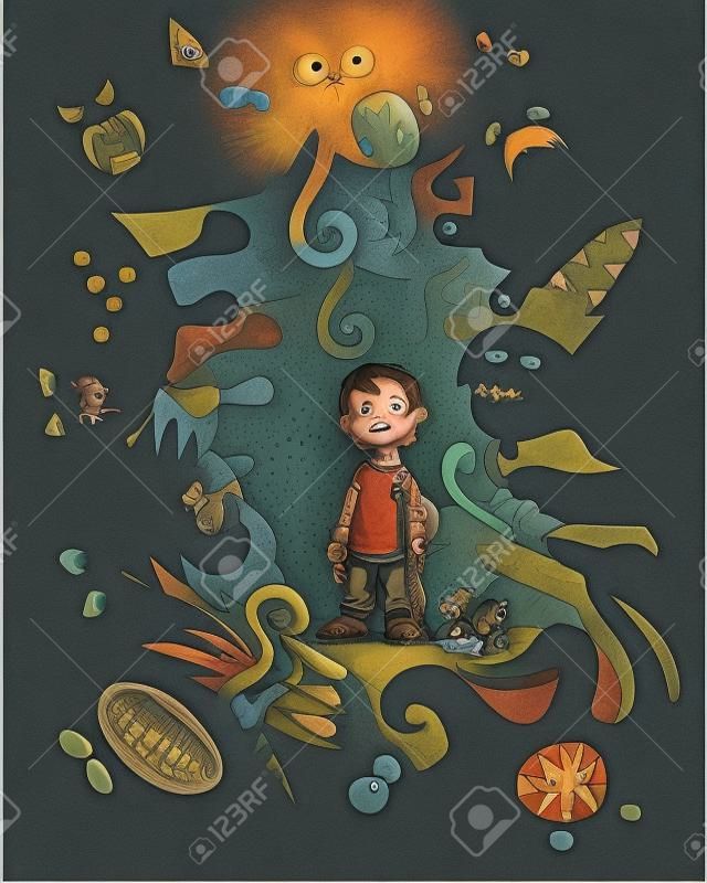 Angst Illustratie van een angstig jongetje omringd door fantasie monsters